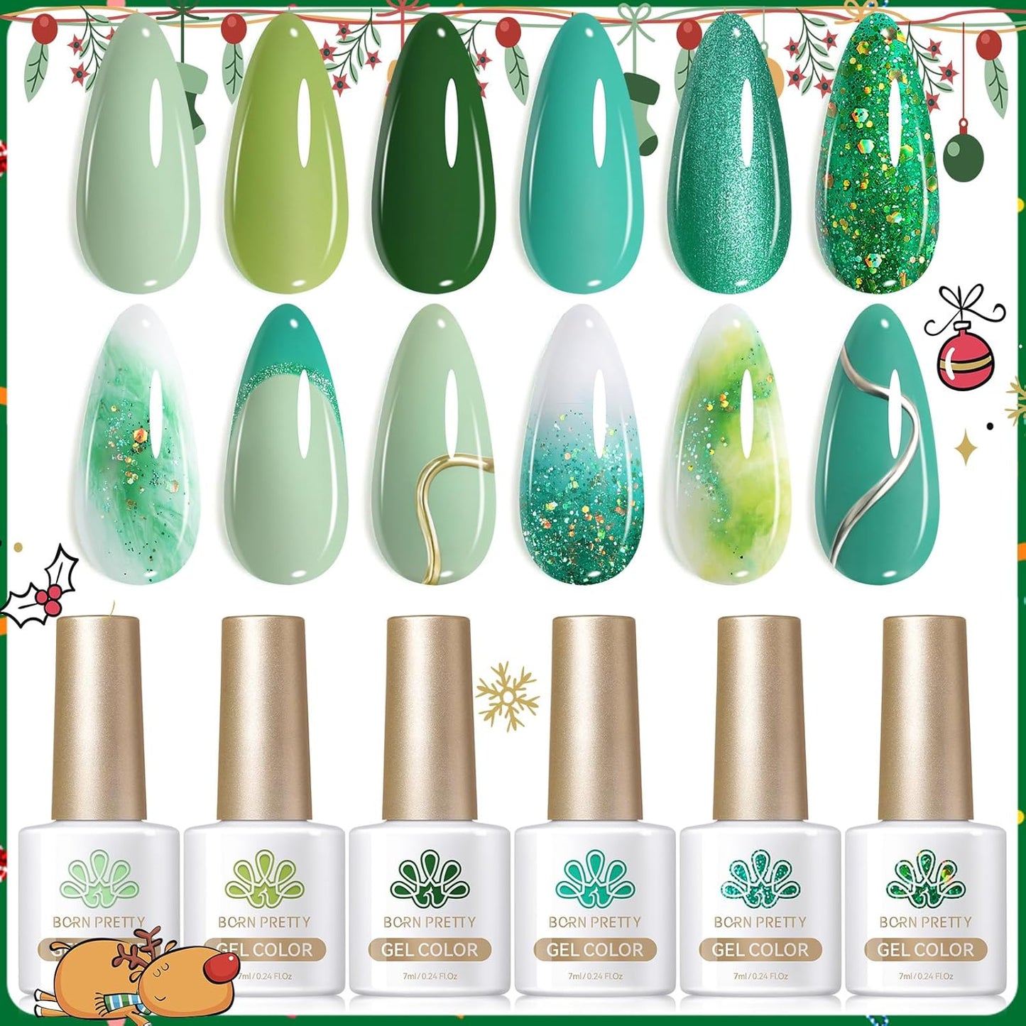 Born Pretty Green Gel Nail Polish, Christmas Carnival Evergreen Gel Nail Polish Set, Glitter Green Sparkle Gel Polish Nail Art Varnish Manicure Collection St. Patrick's Day 6PCS