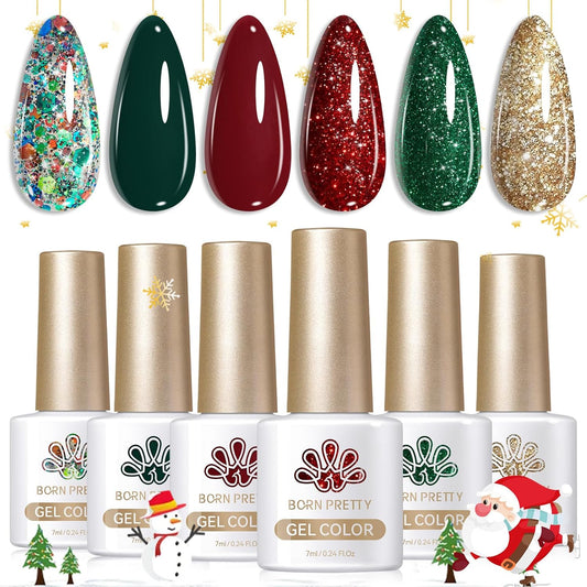 Born Pretty Gel Nail Polish Set 6 Colors,Spring Summer Green Red Gold Glitter Colos Gel Polish Kit Nail Art Manicure Design DIY Home Salon Collection Gift