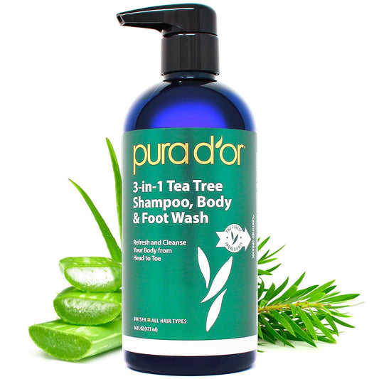 PURA D'OR 16 Oz 3-in-1 Tea Tree Shampoo, Body & Foot Wash, Shampoo - Total Body Care - Foot Odor & Daily Hygiene, Cleansing Routine, Post-Workout Refreshment - Soothes, Invigorates, Nourishes