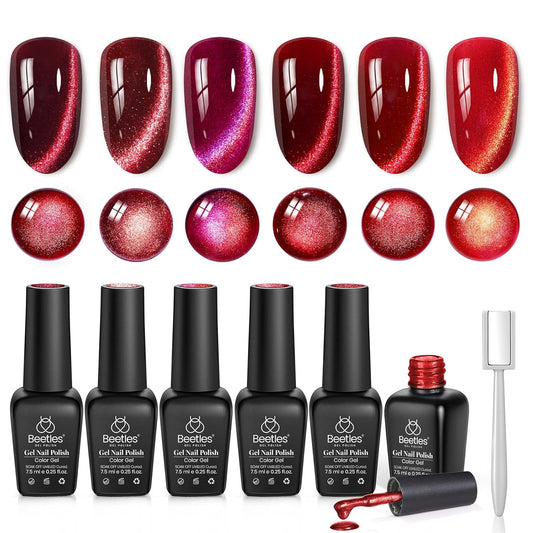 Beetles Red Cat Eye Gel Nail Polish Set - Sultry Burgundy Cat Eye Gel Polish, 6 Colors Burgundy Dark Red Glitter Red Magnetic Fall Gel Polish Kit Soak Off UV Nail Art Salon DIY Manicure Gift for Women
