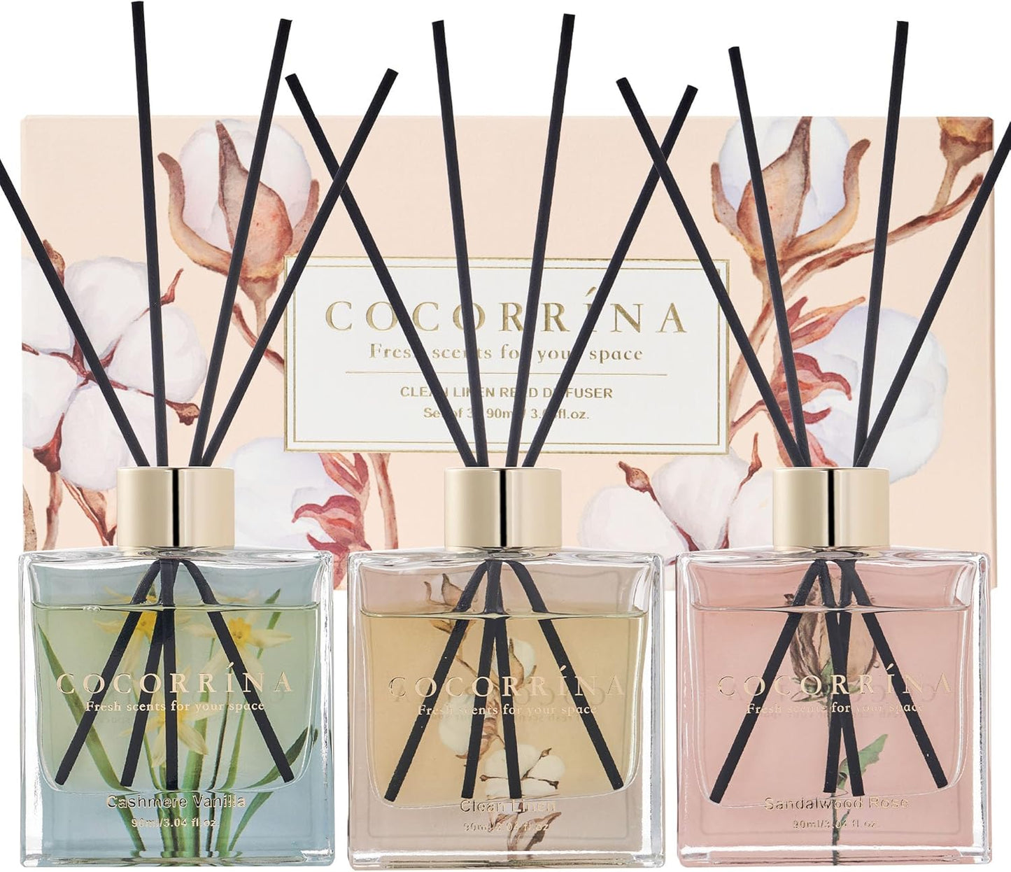 COCORRÍNA Reed Diffuser Set of 3-3 Pack/ 3.04 Fl.oz Diffuser with 24 Sticks Cashmere Vanilla/Sandalwood Rose/Clean Linen Reed Diffuser for Home Bathroom Office Decor