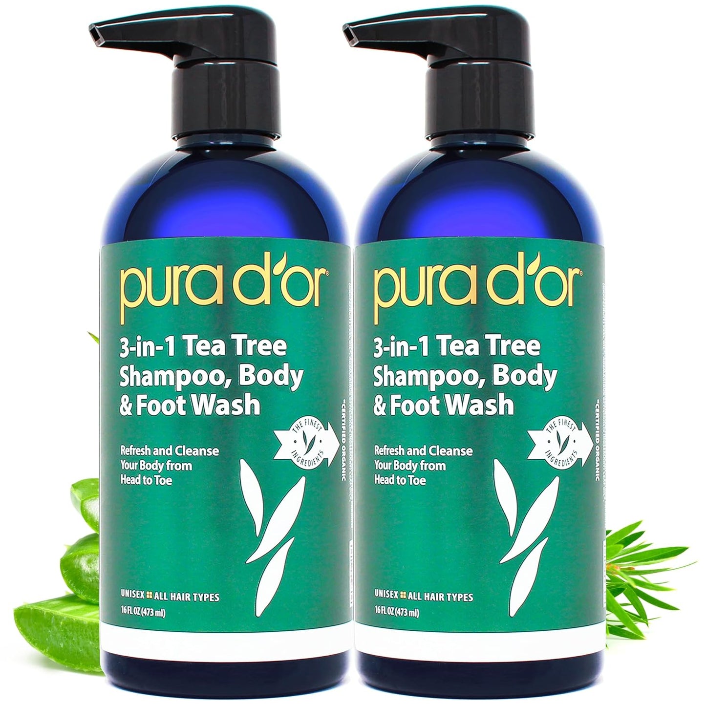 PURA D'OR 3-in-1 Tea Tree Shampoo, Body & Foot Wash, Shampoo (16oz x2 = 32oz) Total Body Care - Foot Odor & Daily Hygiene, Cleansing Routine, Post-Workout Refreshment - Soothes, Invigorates, Nourishes