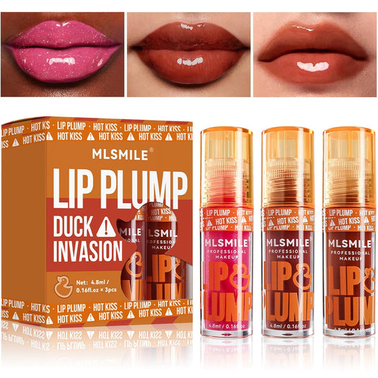3 Colors Duck Lip Plumper Gloss, Glitter Shine Primer Lip Tint Korean Clear Plumping Lip Gloss, No Sticky Sexy Lip Gloss, Hydrating Lip Glow Oil Plumping Gloss Tinted Lip Balm (Set B)