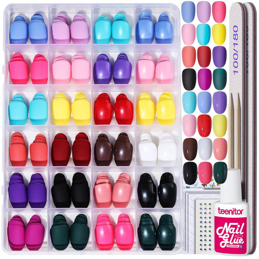 Teenitor Short Oval Press On Nails, 24 Colors Press On Oval Nails, 576pcs Press On Round Fake Nails, 12 Sizes Glue On Nails Short Almond Press On Nails with Nail Glue, Nail Adhesive Tabs