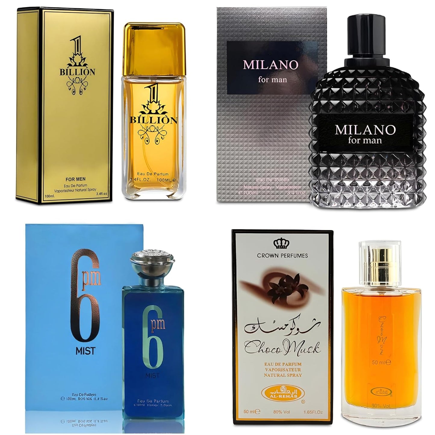 Men Cologne 4-Piece Combo Set (Choco/Milano/Billion/6PM Mist) Each 100ml Eau de Toilette/Parfume Spray Premium Men Perfume Set Long Lasting Fragrance for Daily Use