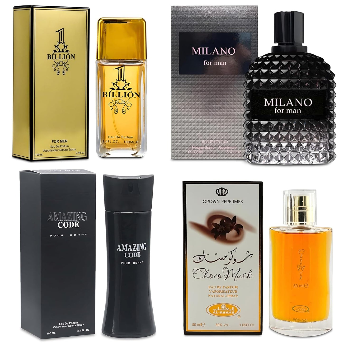 Men Cologne 4-Piece Combo Set (Choco/Milano/Billion/Amazing Code) Each 100ml Eau de Toilette/Parfume Spray Premium Men Perfume Set Long Lasting Fragrance for Daily Use