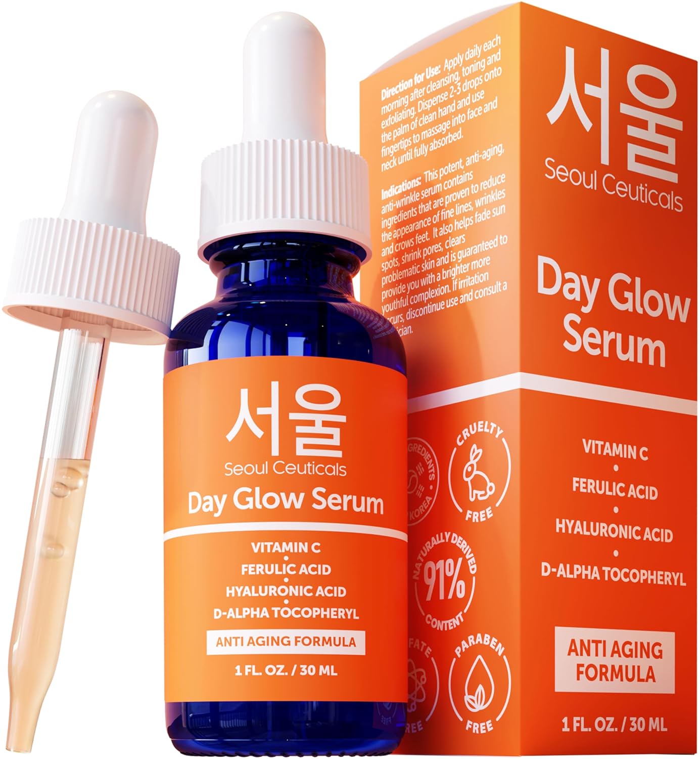 SeoulCeuticals Korean Skin Care 20% Vitamin C Hyaluronic Acid Serum + CE Ferulic Acid - Potent Anti Aging, Anti Wrinkle Korean Beauty 1oz