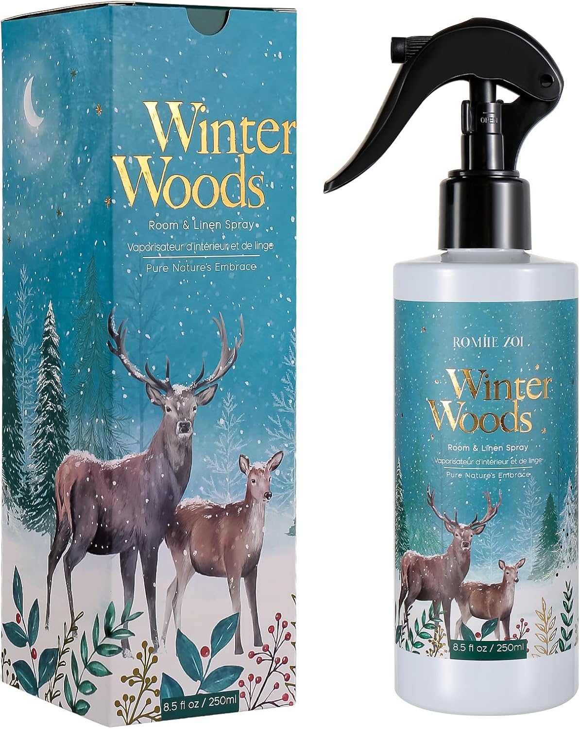 Romiie Zoi Christmas Linen & Room Air Freshener Spray Room Mist- Winter Woods Forest Green - Infused with Winter Woods Aroma- 250ml / 8.5 FL OZ.