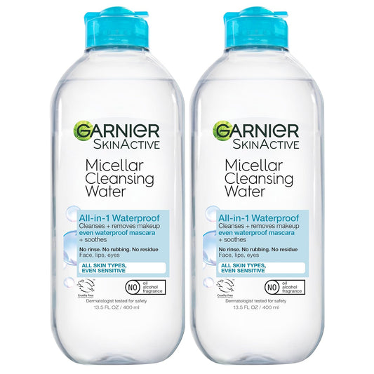 Garnier Micellar Water for Waterproof Makeup, Hydrating Facial Cleanser & Makeup Remover, Suitable for Sensitive Skin, Vegan, Cruelty Free, 13.5 Fl Oz (400mL), 2 Count