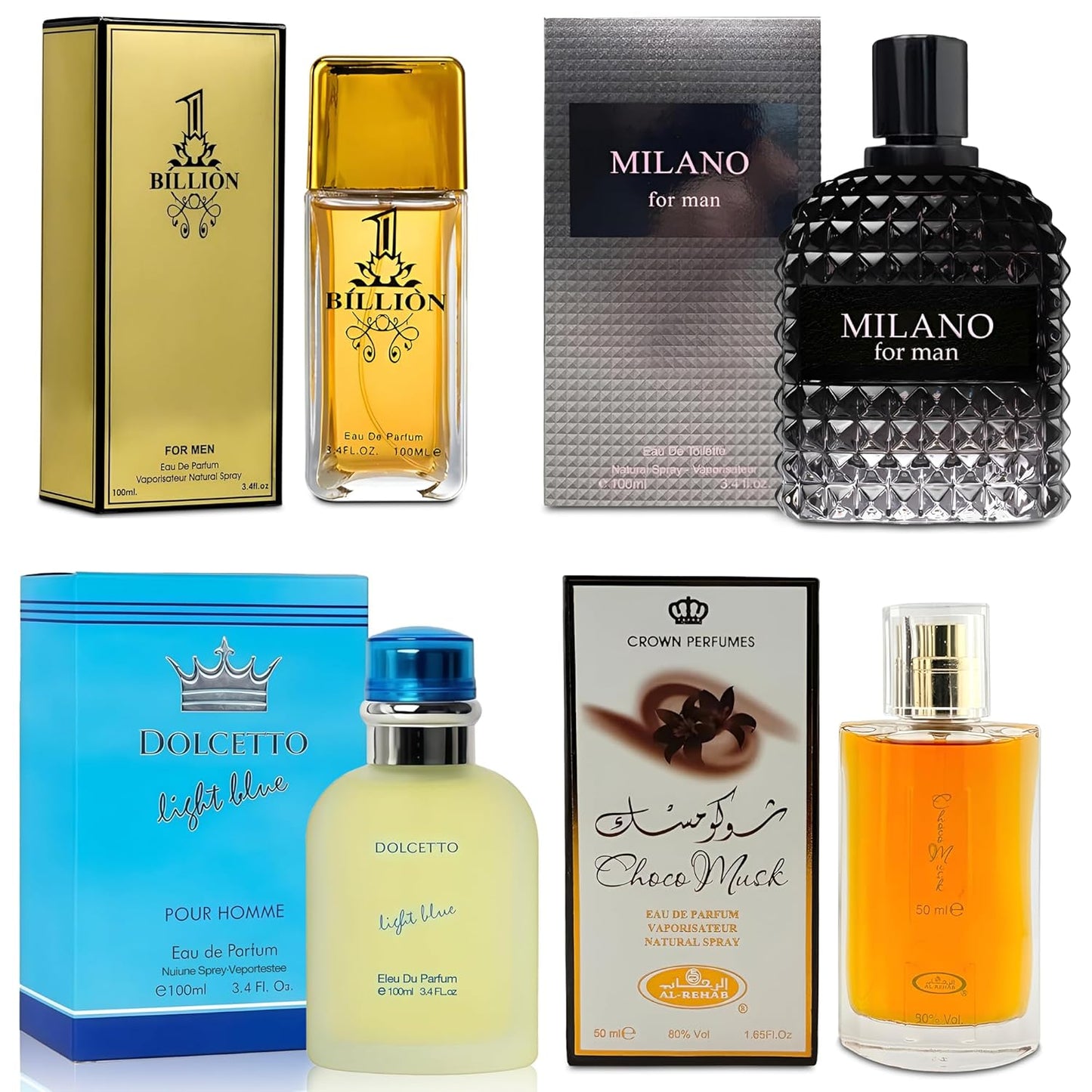 Men Cologne 4-Piece Combo Set (Choco/Milano/Billion/Doecetto Light Blue) Each 100ml Eau de Toilette/Parfume Spray Premium Men Perfume Set Long Lasting Fragrance for Daily Use