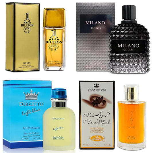 Men Cologne 4-Piece Combo Set (Choco/Milano/Billion/Doecetto Light Blue) Each 100ml Eau de Toilette/Parfume Spray Premium Men Perfume Set Long Lasting Fragrance for Daily Use