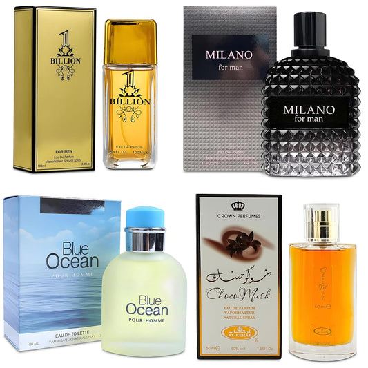 Men Cologne 4-Piece Combo Set (Choco/Milano/Billion/Blue Ocean) Each 100ml Eau de Toilette/Parfume Spray Premium Men Perfume Set Long Lasting Fragrance for Daily Use