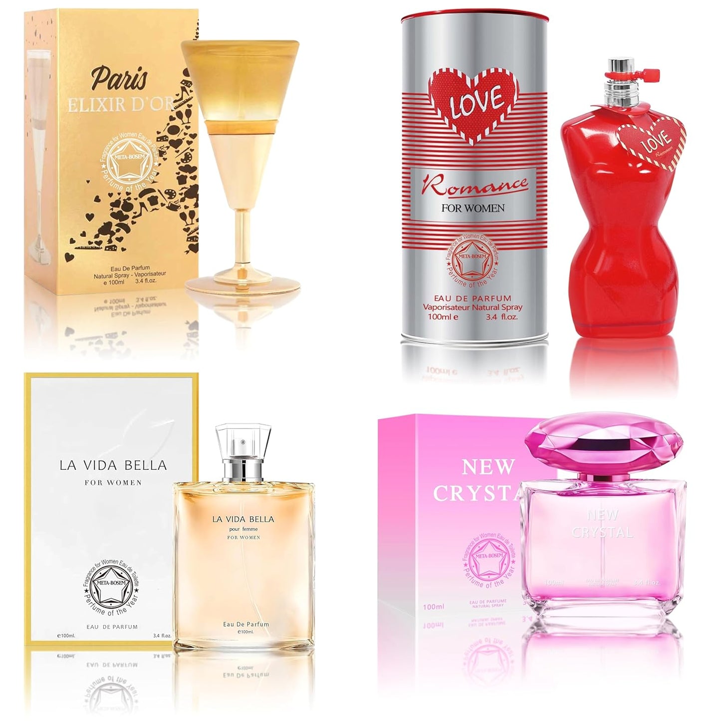 META-BOSEM Perfume for Women Set (100ml x 4PCS Variety Pack), NewCrys, LoveRoma, LVBella, PariselixiR, Long Lasting Perfume for Women All Day Use