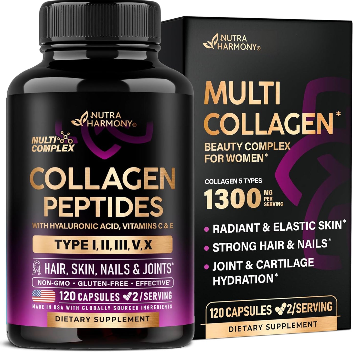 Multi Collagen Peptides - Hydrolyzed Types I, II, III, V & X - Collagen Supplement for Women 1300mg - w/ Hyaluronic Acid, Vitamins C & E - Skin, Hair, Nails & Joint Support - Made in USA, 120 Capsules