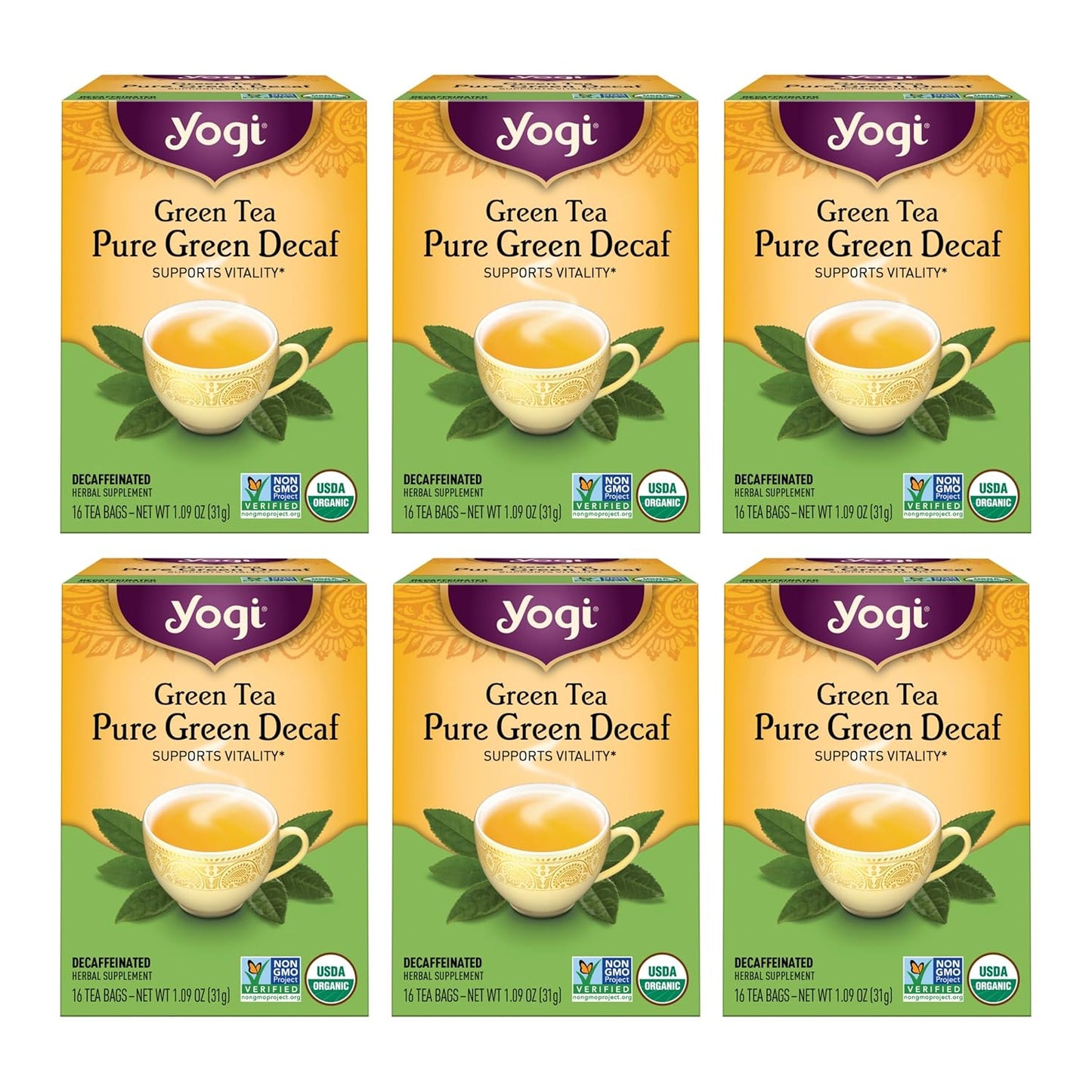 Yogi Tea - Green Tea Pure Green Decaf (6 Pack) - Supports Vitality - 96 Tea Bags
