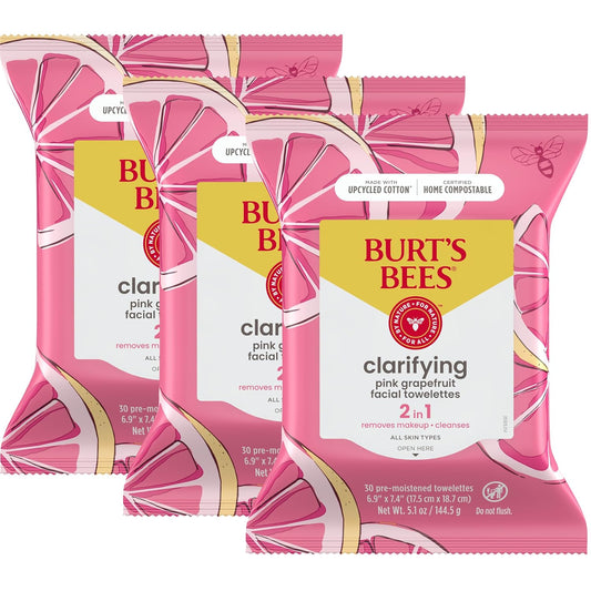 Burt's Bees Stocking Stuffers, Pink Grapefruit Face Wipes, for All Skin Types, Hydrating Makeup Remover & Facial Cleansing Towelettes, Skin Care Christmas Gifts, 30 Ct. (3-Pack)