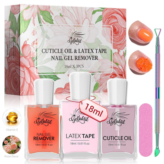 Gel Polish Remover Kit, 18ml×3 Set with Cuticle Oil & Liquid Latex Tape, No Soaking, Wrapping Required, Removes Gel Nails in 3-5 Mins, Includes Nail Pusher & File for Complete Nail Care