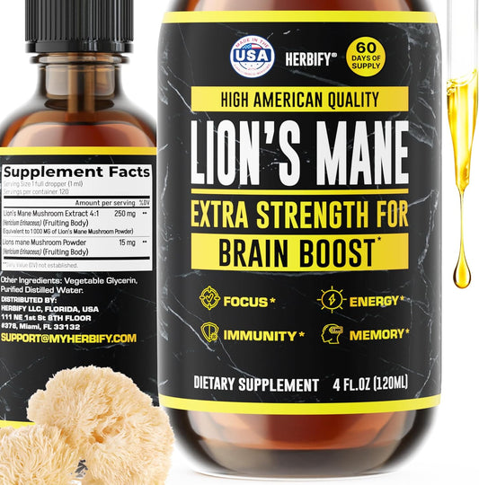 HERBIFY Lions Mane Supplement - Daily Mushroom Supplement for Memory, Focus & Clarity - Brain Booster - Lions Mane Tincture for Immune Support - 4 Fl oz