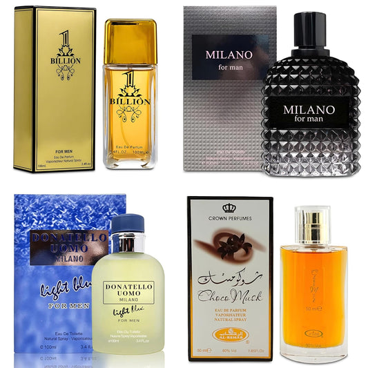 Men Cologne 4-Piece Combo Set (Choco/Milano/Billion/Donatello Uomo Light Blue) Each 100ml Eau de Toilette/Parfume Spray Premium Men Perfume Set Long Lasting Fragrance for Daily Use
