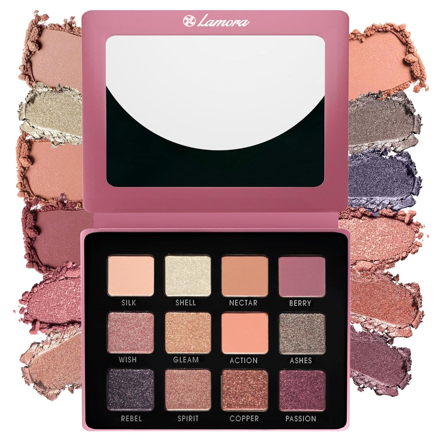 Lamora Nude Pink Eyeshadow Palette - 12 Rose Highly Pigmented Shimmer & Matte Shades - Travel Size Makeup Palette with Mirror