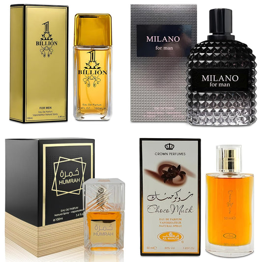 Men Cologne 4-Piece Combo Set (Choco/Milano/Billion/Humrah) Each 100ml Eau de Toilette/Parfume Spray Premium Men Perfume Set Long Lasting Fragrance for Daily Use