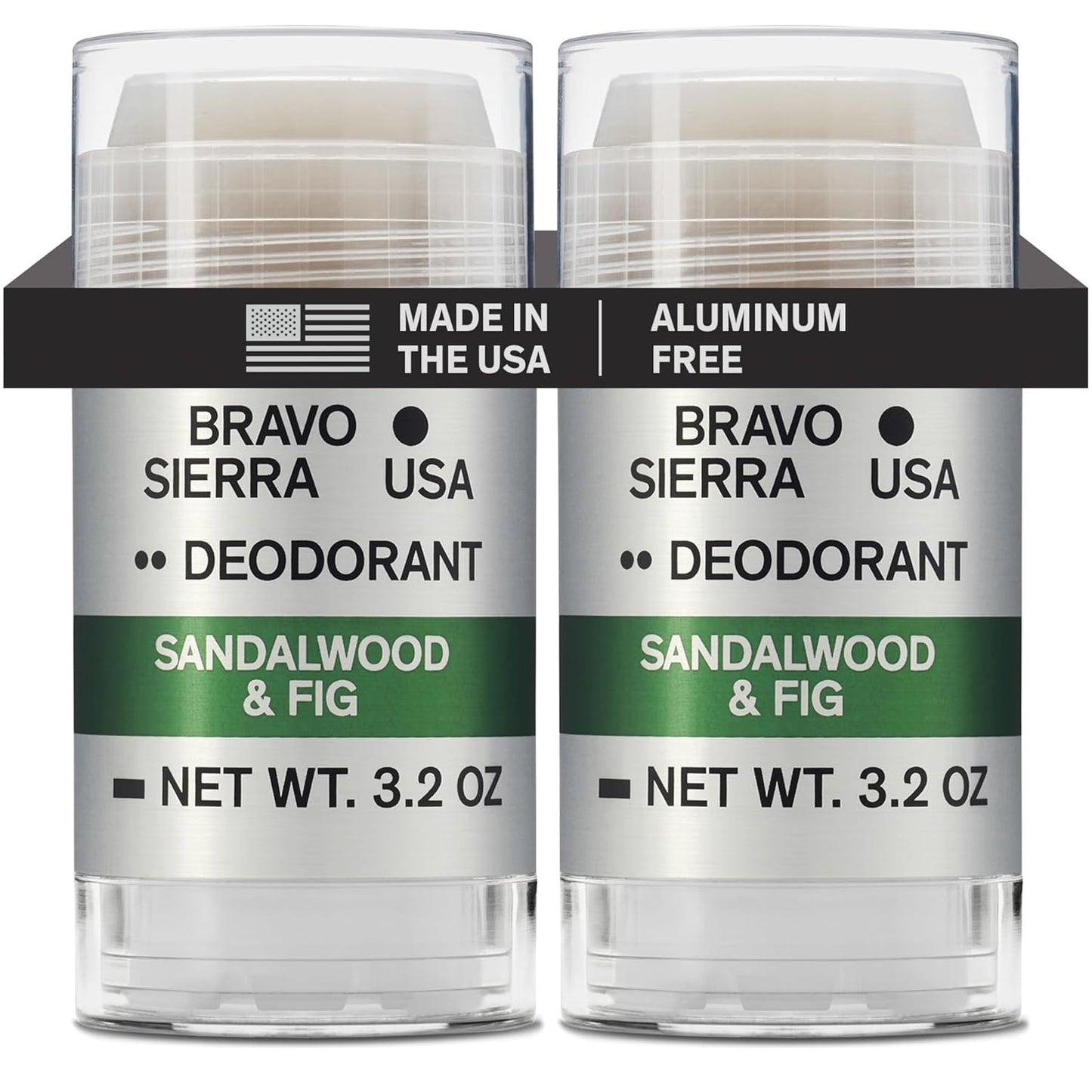 Aluminum-Free Deodorant for Men by Bravo Sierra, 2-Pack - Contains Natural Ingredients – Long Lasting All-Day Odor and Sweat Protection - Sandalwood and Fig, 3.2 oz -Paraben-Free, Vegan & Cruelty-Free