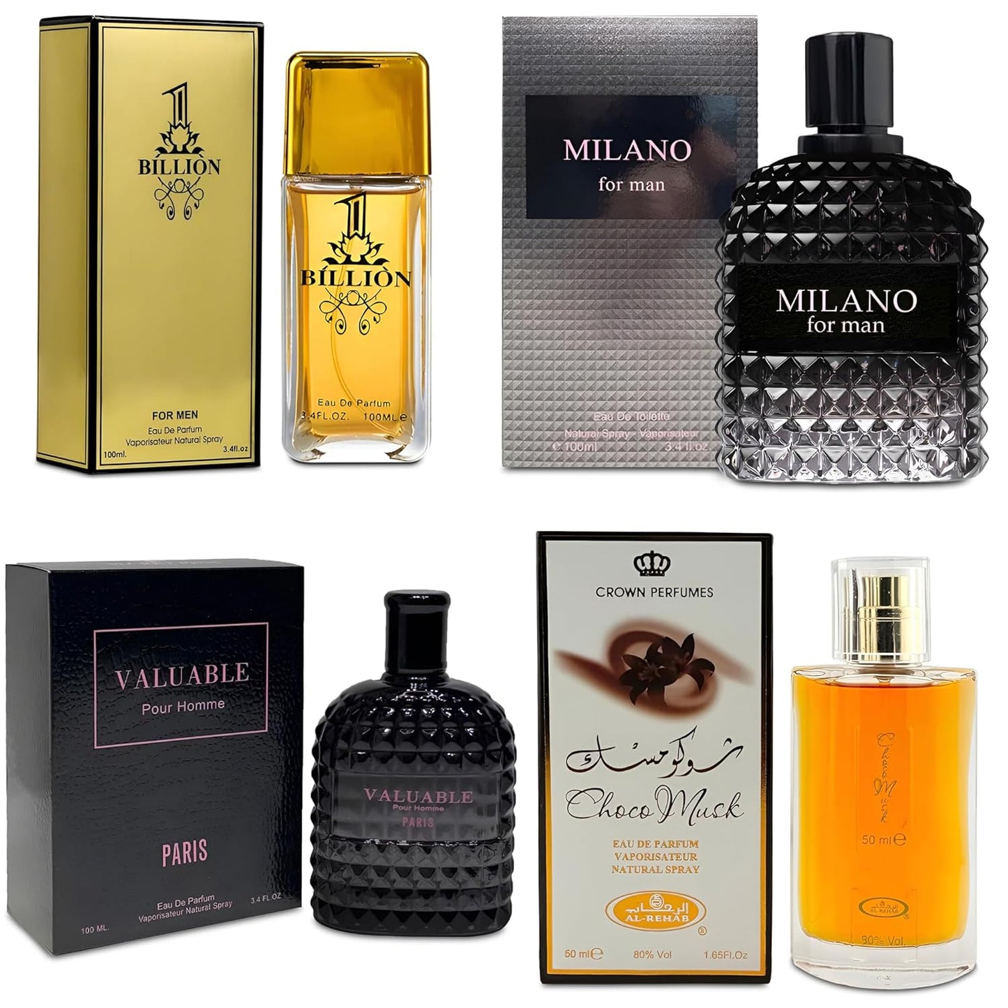 Men Cologne 4-Piece Combo Set (Choco/Milano/Billion/Valuable Paris) Each 100ml Eau de Toilette/Parfume Spray Premium Men Perfume Set Long Lasting Fragrance for Daily Use