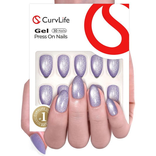Curvlife Soft Gel Press On Nails Kit - Purple Cat Eye Full Cover False Nail Tips with Trendy Designs, Reusable & Glue Included - Easy Application Nail Accessories for Women