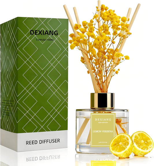 Reed Diffuser Set - 3.38 fl oz (100ml) Lemon Verbena Essential Oil with 6 Reed Sticks | Home & Bathroom Decor
