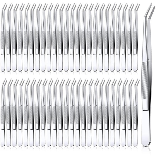 Honoson 48 Pcs Stainless Steel Tweezers for Crafting with Curved Serrated Tip Multipurpose Forceps Sewing Machine Tweezers Bulk (Silver)