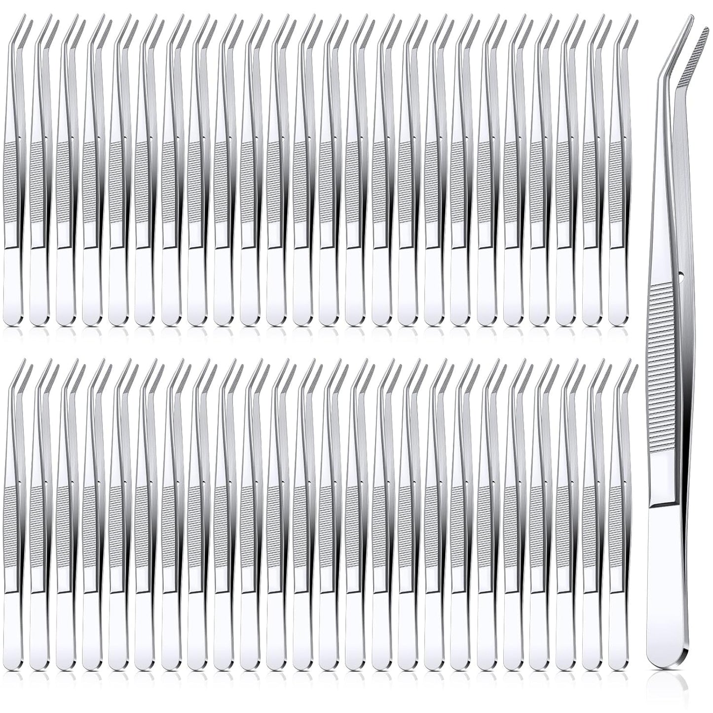 Honoson 48 Pcs Stainless Steel Tweezers for Crafting with Curved Serrated Tip Multipurpose Forceps Sewing Machine Tweezers Bulk (Silver)