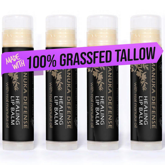 BALM OF GILEAD Manuka Defense Healing Lip Balm - Intensive Moisture Therapy in Tube w/Manuka, Tea Tree & Cooling Peppermint - Ideal for Chapped & Cracked Lips - Beauty Pack Of 4-0.15 oz