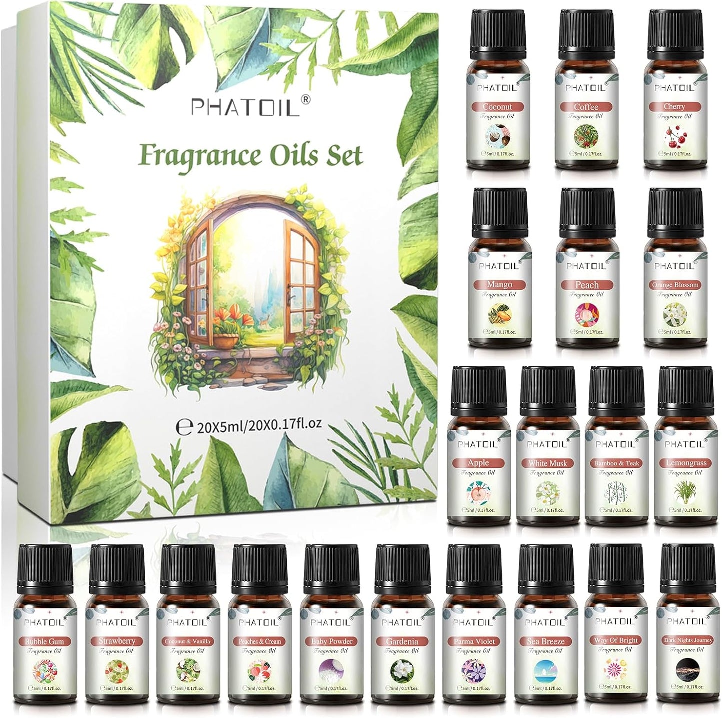 PHATOIL Coconut 20 Pcs Fragrance Oil Set, Premium Fragrance Oil, for Humidifier, DIY Candle & Soap Making Scent, Aromatherapy Diffuser Oils Set (5ML)