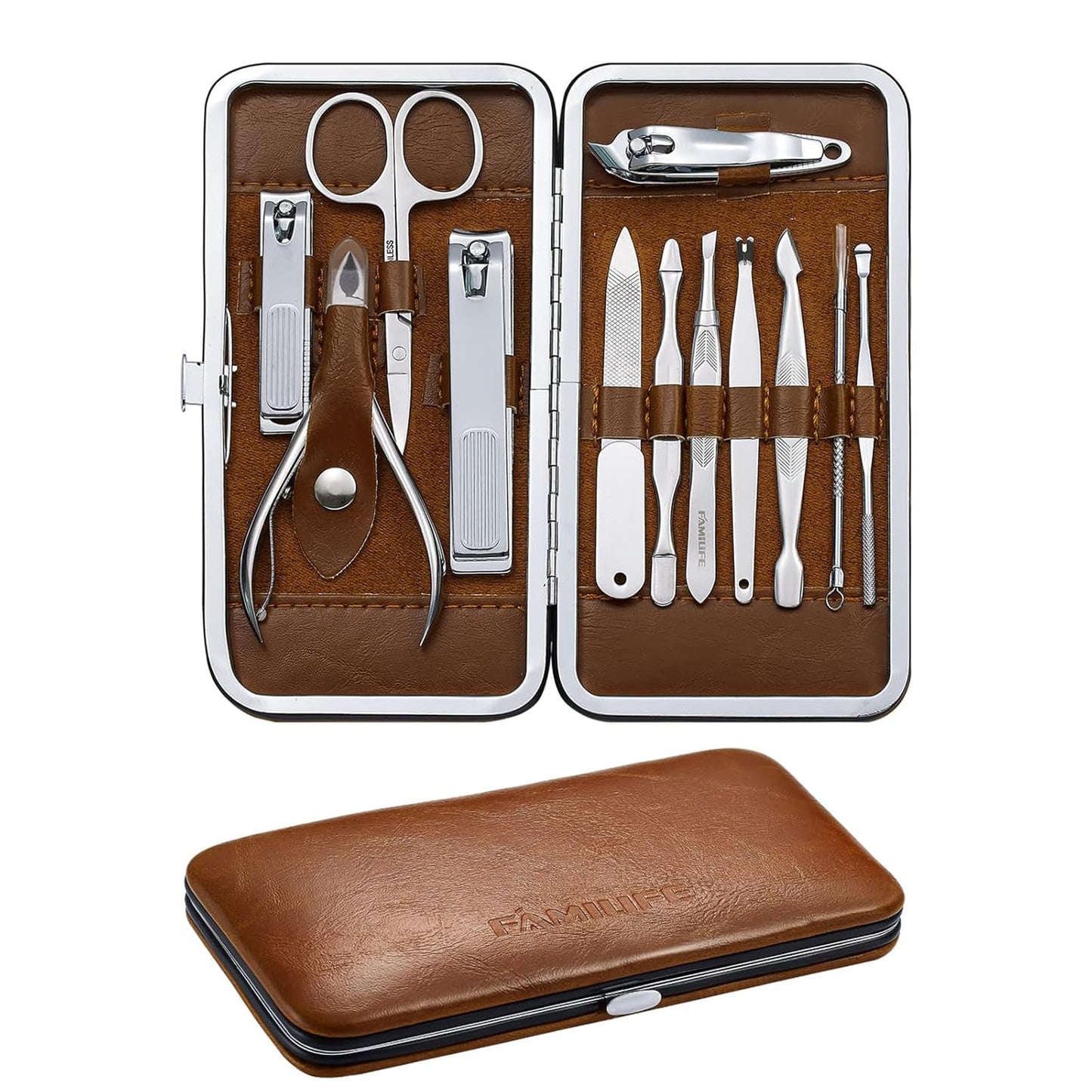 FAMILIFE Manicure Set, Professional Nail Kit Nail Clipper Set, 12PCS Stainless Steel Manicure Kit, with Brown Leather Travel Case Luxury Gifts for Him