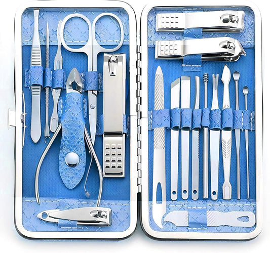 19 Pieces Fingernail and Toenail Professional Manicure Pedicure Nail Clippers Set Stainless Steel Nail Cutter Scissors Grooming Kit with Luxurious Travel Case (Blue)