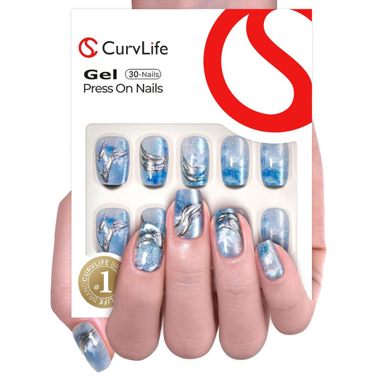 Curvlife Press On Nails Kit - Full Cover Marine Glassware Medium Square False Fake Nail Tips with Trendy Designs, Reusable & Glue Included - Easy Application Nail Accessories for Women