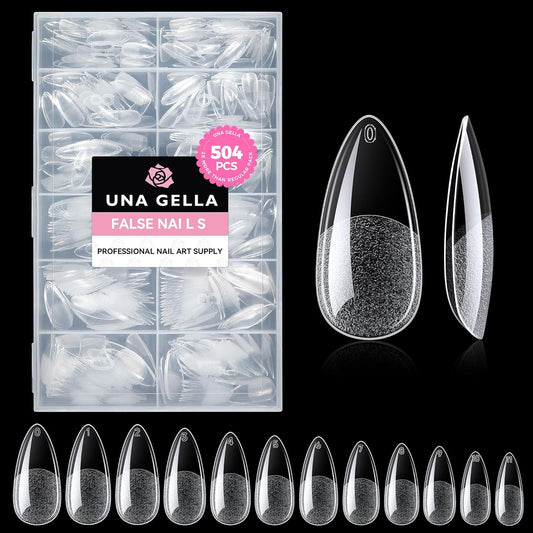UNA GELLA Almond Gel Nail Tips, 504PCS Pre Etched Clear Fake Nails Tips Medium Almond Shape - 12 Sizes Full Cover Soft Acrylic Press On Nail Extensions No C Curve Gift for Diy at Home