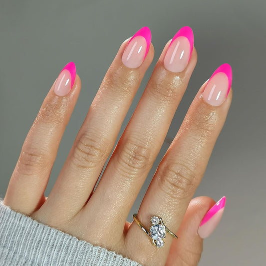 Press On Nails - Flamingo French I Medium Almond Pink French Tip I 16 Sizes - 32 Reusable Fake Nail Kit - Glue & Adhesive Tabs I Long-Lasting, Damage-Free Wear