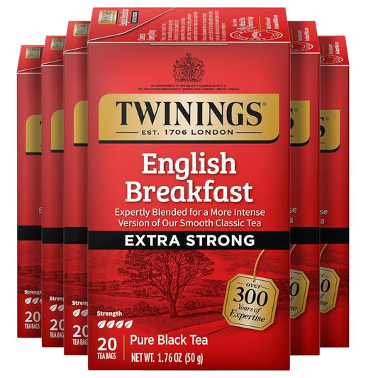 Twinings Extra Strong English Breakfast Black Tea Individually Wrapped Bags, 20 Count (Pack of 6), Robust, Caffeinated, Enjoy Hot or Iced, 120 Teabags