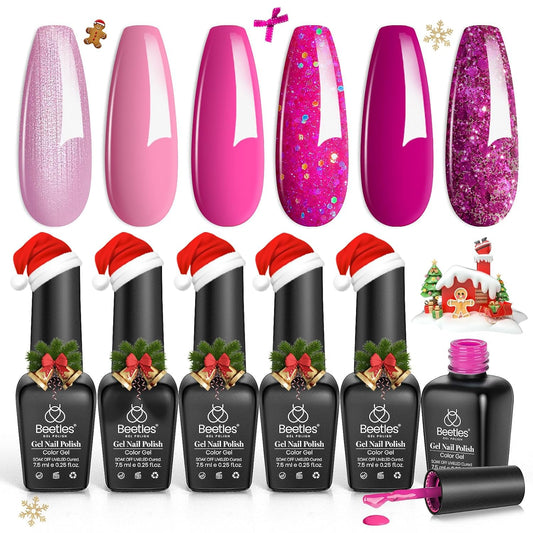 beetles Gel Polish Pink Angel - Christmas Gel Nail Polish Set Pink Rose Nude Glitter Sparkle Light 6 Colors Kit Soak off Uv Led Nail Art DIY Salon Home Gift for Women Girls