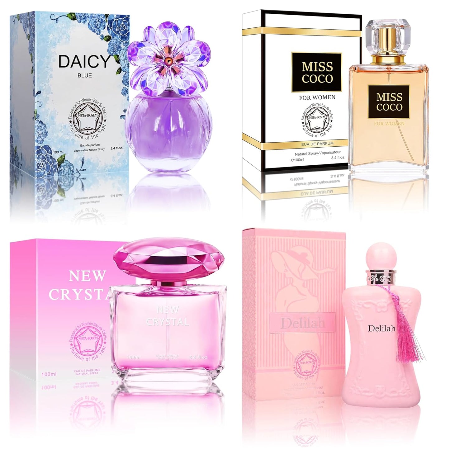 META-BOSEM Perfume for Women Set (100ml x 4PCS Variety Pack), NewCrys, Delilah, MissCoco, DaicyB, Long Lasting Perfume for Women All Day Use