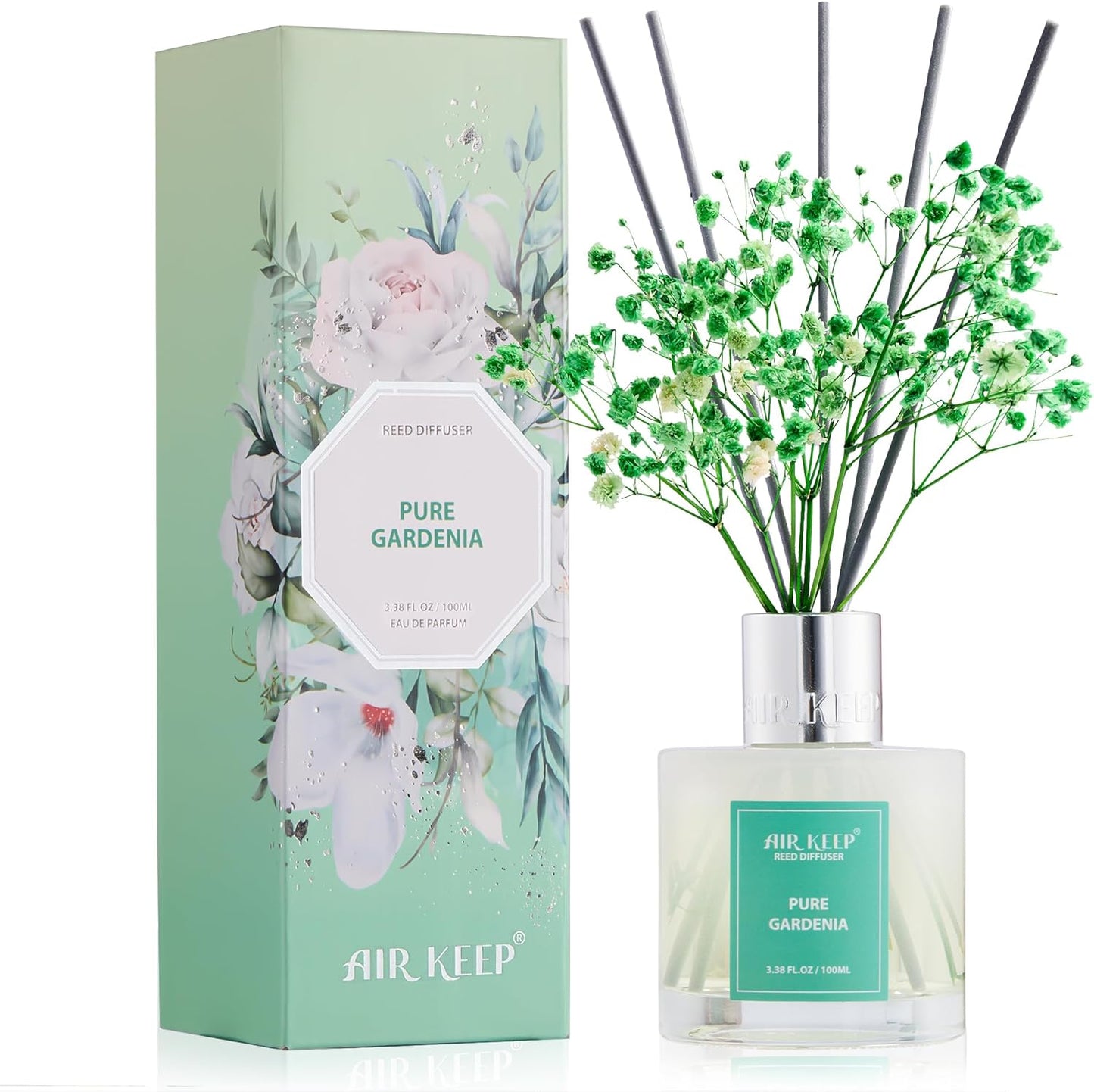 Airkeep Reed Diffuser Set,3.38 fl oz (100 ml) - Pure Gardenia Oil Diffusers with 8 Reed Sticks, Home Fragrance Reed Diffuser for Bathroom Shelf Decor