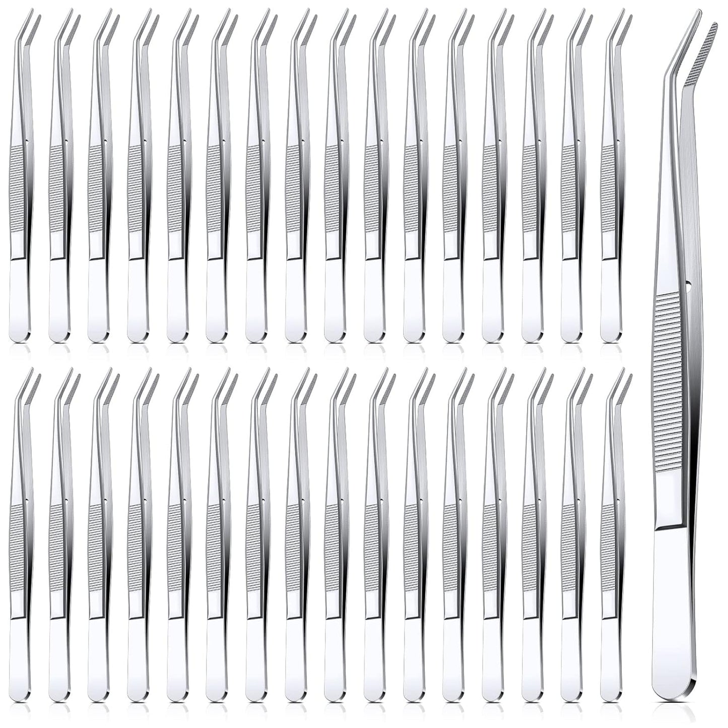 Honoson 32 Pcs Stainless Steel Tweezers for Crafting with Curved Serrated Tip Multipurpose Forceps Sewing Machine Tweezers Bulk (Silver)