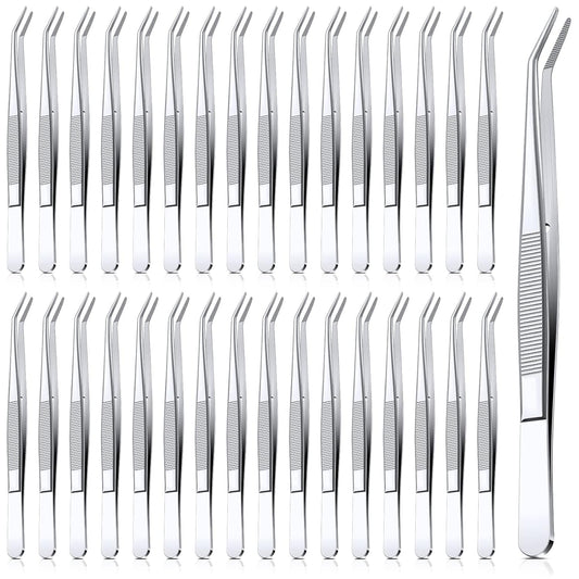 Honoson 32 Pcs Stainless Steel Tweezers for Crafting with Curved Serrated Tip Multipurpose Forceps Sewing Machine Tweezers Bulk (Silver)