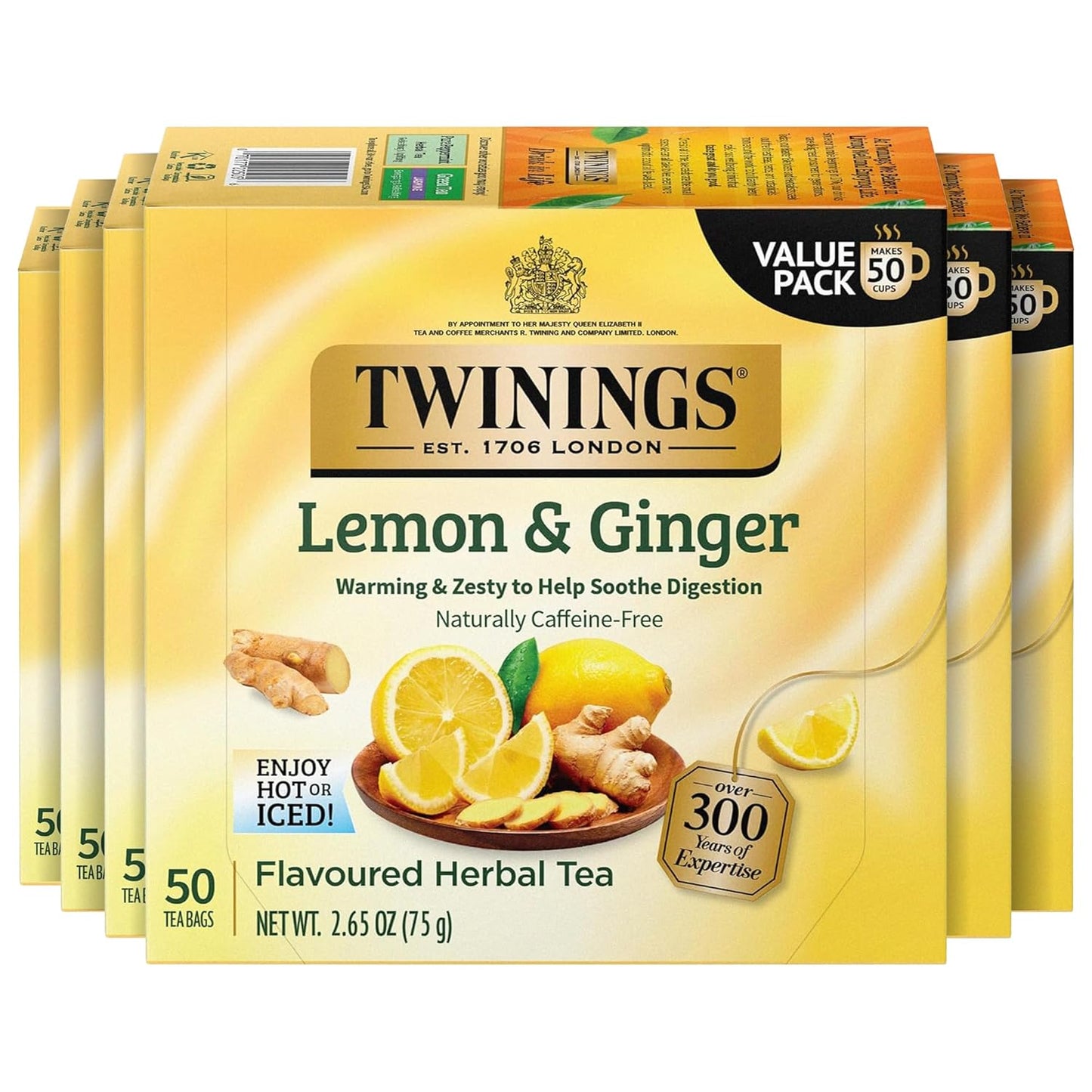 Twinings Lemon & Ginger Herbal Tea Individually Wrapped Bags, 50 Count (Pack of 6), Tangy Lemon & Spicy Ginger, Naturally Caffeine-Free, Enjoy Hot or Iced, 300 Teabags