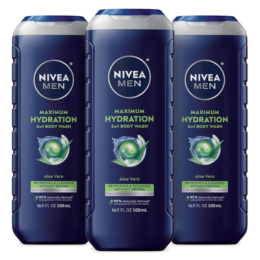 Nivea Men Maximum Hydration Body Wash for Dry Skin, Aloe Vera Enriched, 3-in-1 Moisturizing Body Wash, Face and Hair, Paraben Free, Vegan Formula, 16.9 Fl Oz Bottle, Pack of 3