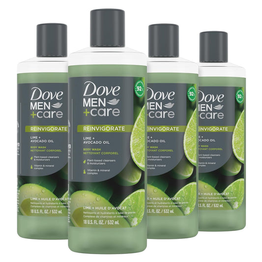 DOVE MEN + CARE Body 4 Count Wash Lime + Avocado Oil to Rebuild Skin in the Shower with Plant-Based Cleansers and Moisturizers 18 oz
