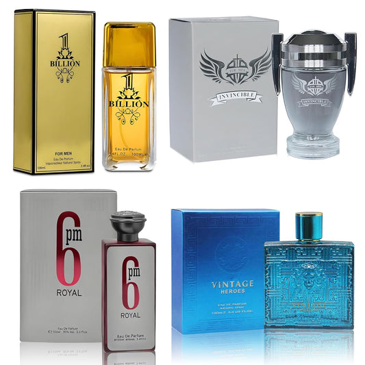 Men Cologne 4-Piece Combo Set (6PM Royal/Invincible/Billion/Vintage Heroes) Each 100ml Eau de Toilette/Parfume Spray Premium Men Perfume Set Long Lasting Fragrance for Daily Use