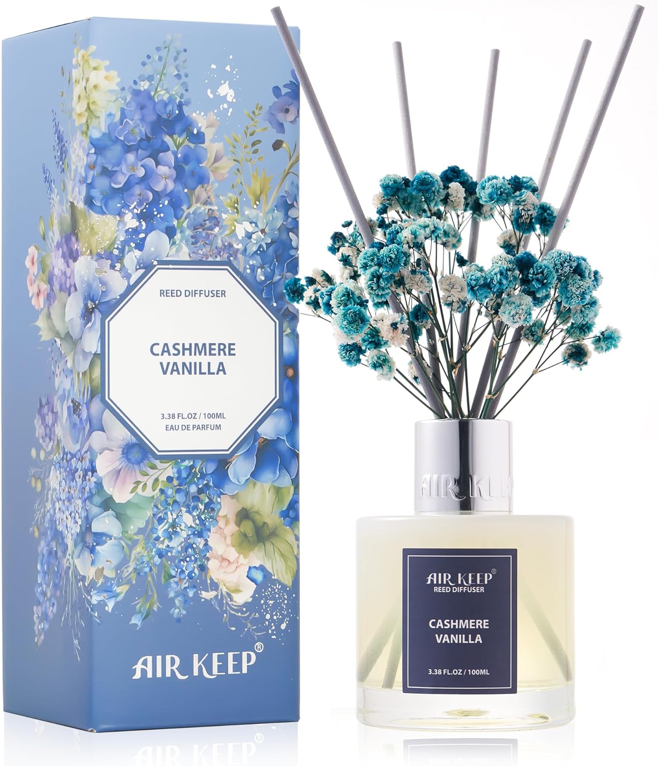 Airkeep Reed Diffuser Set,3.38 fl oz (100 ml) - Cashmere Vanilla Oil Diffusers with 8 Reed Sticks, Home Fragrance Reed Diffuser for Bathroom Shelf Decor
