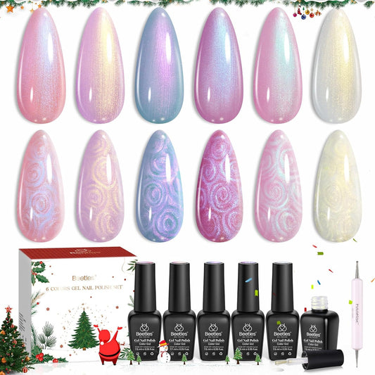 Beetles Christmas Gel Nail Polish Set – Pearl Shimmer Mermaid Gel Polish, 6 Color Pink Purple Blue Yellow Festive Gel Nail Kit, Soak Off UV LED Nail Drawing Manicure Holiday Gift for Women